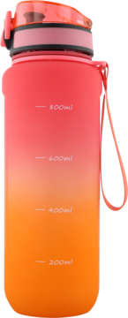 Sportowa butelka na wodę z gradientem kolorów od czerwieni do pomarańczu, z miarką objętości i uchwytem.