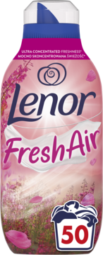 Różowy płyn do płukania Lenor Fresh Air Pink Blossom na 50 prań, z kwiatami, widok z przodu.