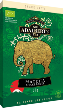 Sir Adalbert's Tea Matcha Shake Latte 30g, zielone opakowanie ze złotym słoniem, widok z przodu.