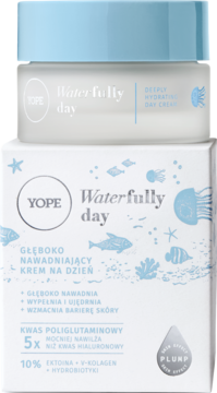 Yope Waterfully Day, krem na dzień z kwasem poliglutaminowym, słoiczek na pudełku z morskimi grafikami.