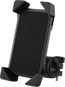 Solidny, czarny uchwyt na smartfon do roweru, z regulowanymi szczękami i mocowaniem, widok z boku.