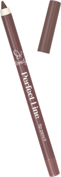 Brązowa kredka do ust Lovely Perfect Line #10, z odkrytą końcówką i leżącą obok skuwką na czarnym tle.