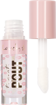 Lovely Pout! błyszczyk powiększający, przezroczysta butelka ze wzorem ust, różowy korek, wysunięty aplikator.