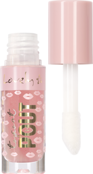 Różowy błyszczyk powiększający Lovely Pout!, otwarty, w przezroczystej butelce z wzorem ust, obok aplikator.