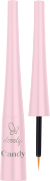 Różowy eyeliner Lovely Candy z cienkim pędzelkiem do precyzyjnych linii. Dwa opakowania: jedno zamknięte, drugie z aplikatorem.