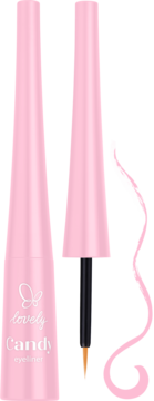 Różowy eyeliner Lovely Candy, butelka z logo, otwarty z cienkim aplikatorem i matową smugą.