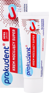 Biała tubka neutralnego kremu mocującego Prokudent Super do protez, z czerwono-niebieskim napisem, widok z przodu.