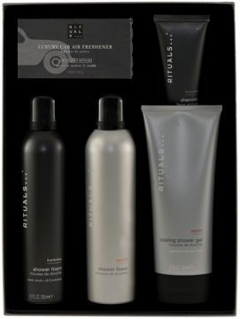RITUALS... Homme ,zestaw kosmetyków dla mężczyzn L, 2x pianka pod prysznic, żel pod prysznic, peeling do twarzy, odświeżacz do samochodu,kompozycja-2