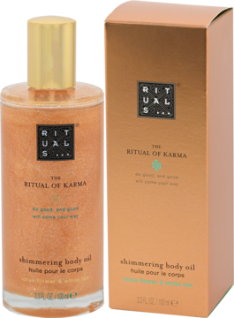 Rituals The Ritual of Karma Shimmering Body Oil, złoty, mieniący się olejek w butelce i pudełku, widok z przodu.