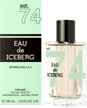 Damska woda toaletowa Iceberg Eau de Iceberg 74 Sparkling Lily 100ml, zielone pudełko i flakon z przodu.
