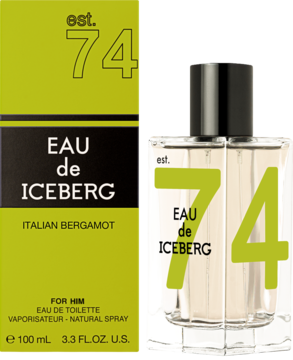 Męska woda toaletowa Iceberg Italian Bergamot 100ml. Widok z przodu: przezroczysta butelka i zielone pudełko z napisem est. 74.