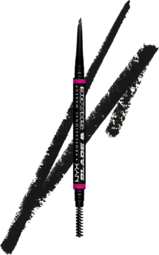 Czarna dwustronna kredka do brwi NYX Blade & Shade Nano z precyzyjną końcówką i szczoteczką, na tle czarnych kresek.