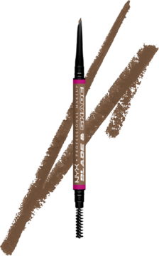 NYX Blade & Shade Nano Brow Pencil Taupe, dwustronna kredka z pędzelkiem, brązowe swatche na białym tle.
