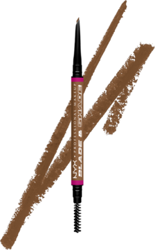 Dwustronna kredka NYX Blade & Shade Nano Brow Pencil, brązowa, leży ukośnie na dwóch brązowych kreskach.
