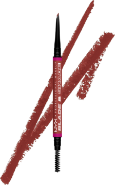 NYX Blade & Shade Nano Brow Pencil, Rich Auburn, dwustronna. Widoczna pod skosem z dwoma swatchami koloru.