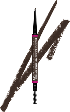 Dwustronna kredka do brwi NYX Blade & Shade Nano w kolorze Ash Brown, z ostrzem i spoolie, z brązowymi swatchami.