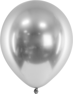 Srebrny, okrągły balon Glossy z lustrzanym połyskiem, ujęcie z przodu, jako dekoracja imprezowa.