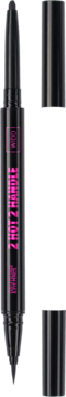 Wibo 2 Hot 2 Handle czarny eyeliner i kredka w pisaku. Pionowe różowe napisy, z boku otwarte skuwki.