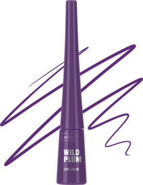 Wibo Wild Plum fioletowy płynny eyeliner, butelka z aplikatorem. Na tle fioletowe linie testowe.