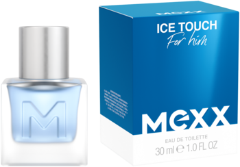 Woda toaletowa Mexx Ice Touch for Him, błękitny, matowy flakon z wytłoczonym logo M i niebieskie pudełko, widok z przodu.