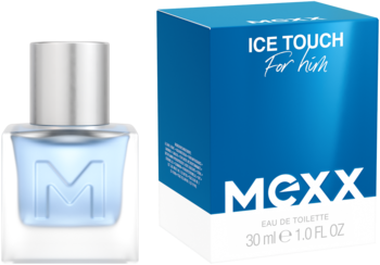 Woda toaletowa Mexx Ice Touch for Him, błękitny, matowy flakon z wytłoczonym logo M i niebieskie pudełko, widok z przodu.