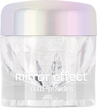 Wibo Mirror Effect nail powder, przezroczysty słoiczek z fasetowanym dnem i irydującą pokrywką, z białym pyłkiem.