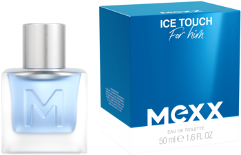 Woda toaletowa Mexx Ice Touch męska, w matowym, błękitnym flakonie z logo 'M' obok niebieskiego opakowania.