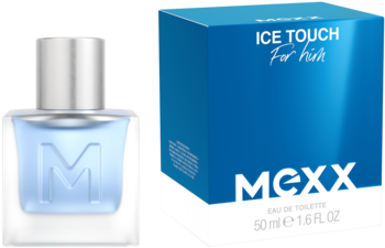 Woda toaletowa Mexx Ice Touch męska, w matowym, błękitnym flakonie z logo 'M' obok niebieskiego opakowania.