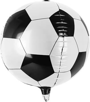 Biało-czarny błyszczący balon foliowy w kształcie piłki nożnej, z klasycznym wzorem, widok z przodu.