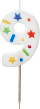 PARTYDECO ,świeczka urodzinowa, cyfra 9, białe konfetti, 5,5 cm,kompozycja-2