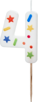 PARTYDECO ,świeczka urodzinowa, cyfra 4, białe konfetti, 5,5 cm,kompozycja-2