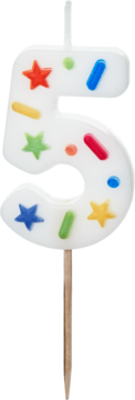 PARTYDECO ,świeczka urodzinowa, cyfra 5, białe konfetti, 5,5 cm,kompozycja-2