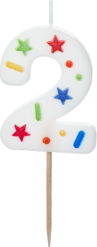 PARTYDECO ,świeczka urodzinowa, cyfra 2, białe konfetti, 5,5 cm,kompozycja-2