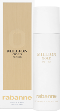 Rabanne Million Gold For Her dezodorant spray w białej butelce i złotym pudełku, widok z przodu.