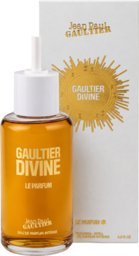 Refill Jean Paul Gaultier Divine Le Parfum: butelka z bursztynowym płynem, białe pudełko ze złotym słońcem.