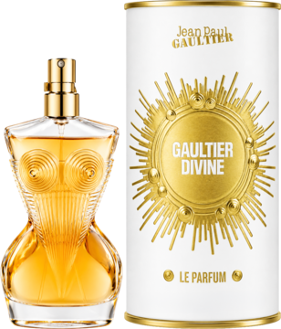 Jean Paul Gaultier Divine Le Parfum, złota woda perfumowana w butelce-torsie i białym kartonie ze słońcem.