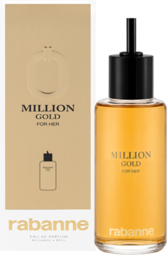 Refill Rabanne Million Gold For Her EDP, złota butelka z czarną pompką i białe pudełko, widok z przodu.
