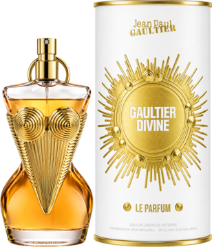 Jean Paul Gaultier Divine Le Parfum, złota butelka w kształcie gorsetu obok białego opakowania z motywem słońca. Widok z przodu.