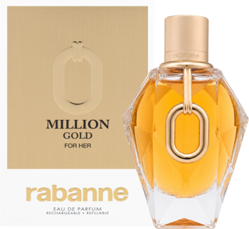 Rabanne Million Gold For Her woda perfumowana, złota butelka z fasetowanym szkłem i pudełko na białym tle.