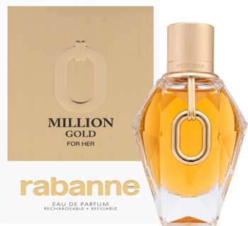 Złota fasetowana butelka Rabanne Million Gold For Her EDP z logo '0', widok z przodu obok białego pudełka.