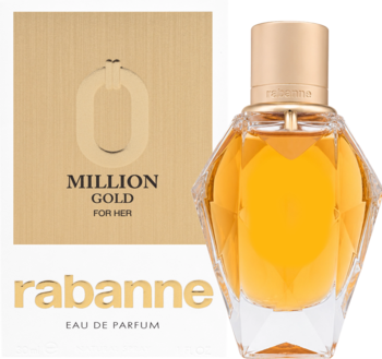 Rabanne Million Gold For Her woda perfumowana, złota, fasetowana butelka i pudełko, widok z przodu.
