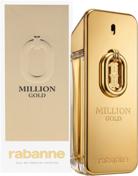Rabanne Million Gold Intense, męska woda perfumowana w złotej butelce-sztabce i dopasowanym kartonie, widok z przodu.