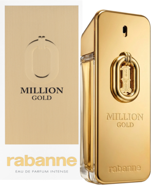 Rabanne Million Gold Intense męska woda: złoty flakon sztabki, obok białe opakowanie, widok z przodu.