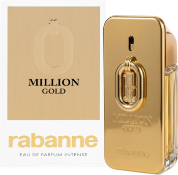 Rabanne Million Gold Intense, męskie perfumy. Złoty flakon i beżowe pudełko z tłoczonym logiem, przód.