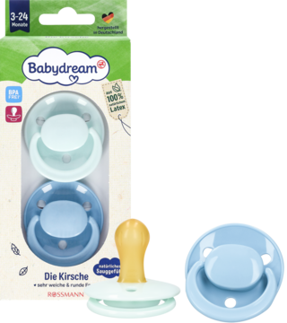 Dwa lateksowe smoczki Babydream 3-24m, jasnoniebieski i niebieski, z okrągłą tarczą. Widok opakowania z przodu.
