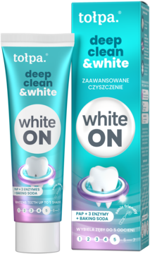 Tołpa Deep Clean & White White ON pasta wybielająca, turkusowa tubka i pudełko z napisem "white ON", widok z przodu.