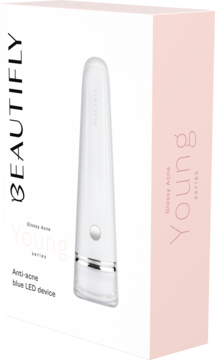 Biały antytrądzikowy masażer Beautyfly B-Glossy Acne Young LED w pudełku z różowymi akcentami, widok z przodu.