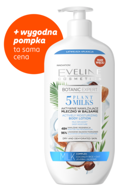 Eveline Botanic Expert 5 Mleczek, nawilżające mleczko do ciała z wygodną pompką, biała butelka.