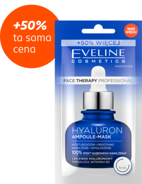 Eveline Hyaluron Ampoule-Mask w niebieskiej saszetce, +50% gratis. Maska z kwasem hialuronowym.