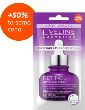 Eveline Retinol Ampoule-Mask, fioletowa saszetka z buteleczką, promocja +50% więcej, widok z przodu.